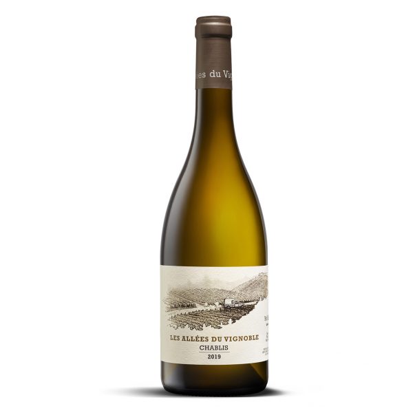 DOMAINE D'HENRI CHABLIS. Botella de 75cl con cápsula marrón. En la etiqueta aparece el paisaje del terruño y el nombre del vino, Les Allées du Vignoble Chablis.