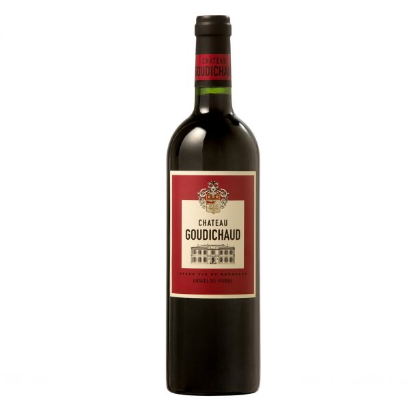 Château Goudichaud Rouge. Botella de 75cl con cierre de corcho y cápsula en tonos negros y rojos. En su etiqueta se puede leer el nombre de la bodega, Château Goudichaud, y la denominación de origen del vino, Graves de Vayres.