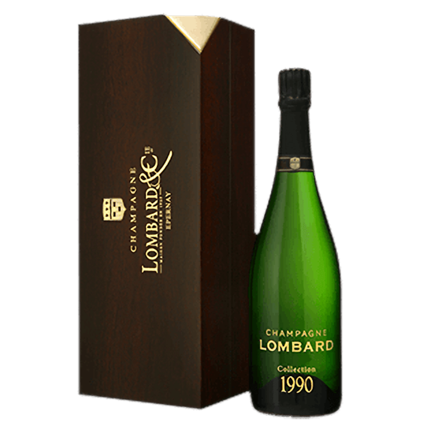 Champagne Lombard Millesime 1990. Botella de 75cl con cierre de corcho. Su etiqueta es transparente y en ella puede apreciarse, en color dorado, los nombres de la bodega y de este vino espumoso. En este caso, Champagne Lombard Collection 1990.