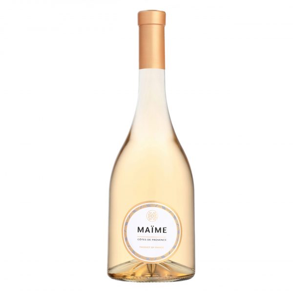 Maïme Côtes de Provence. Botella de 75cl con cierre de corcho y cápsula de color claro. Botella transparente que deja apreciar el color rosado del vino. En la etiqueta se puede leer el nombre del vino Maïme Côtes de Provence.